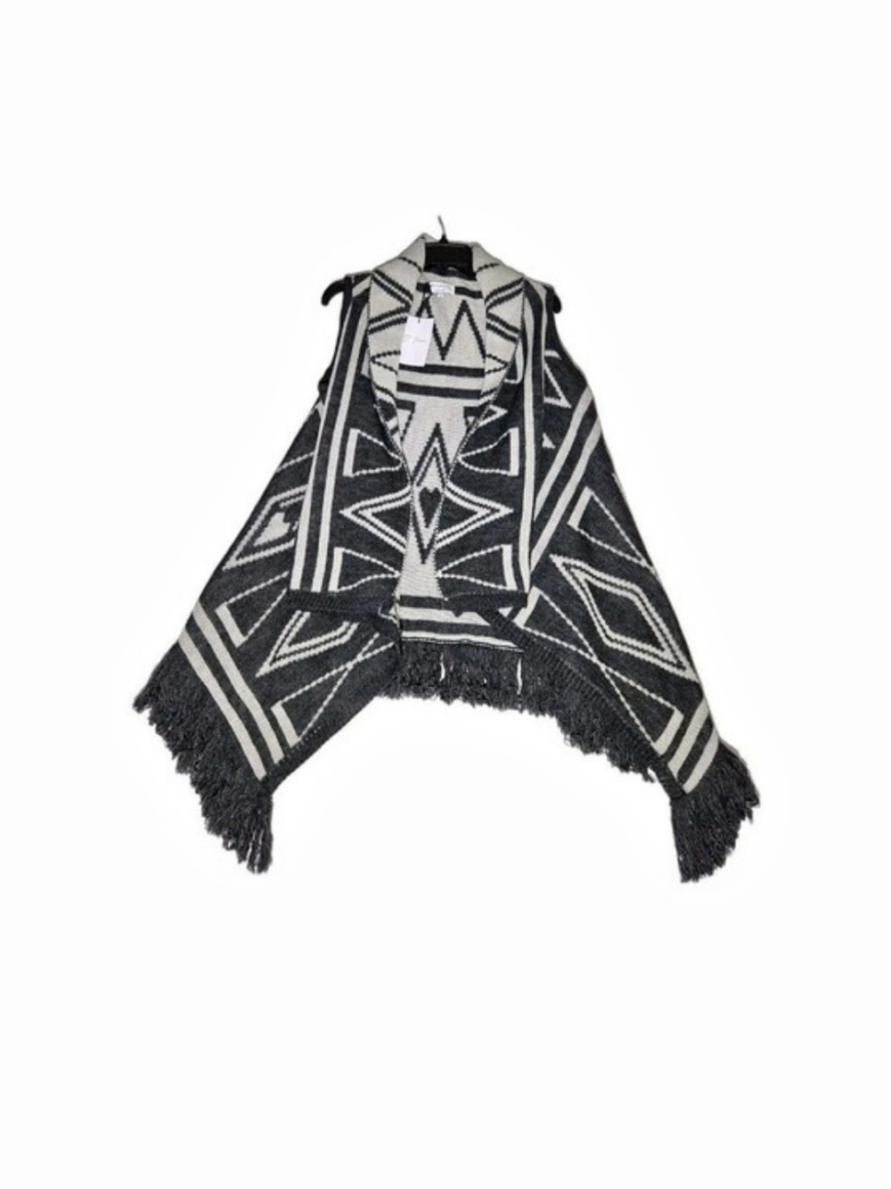 San Lorenzo Geometric Fringe Poncho in Black & White Size Medium NWT